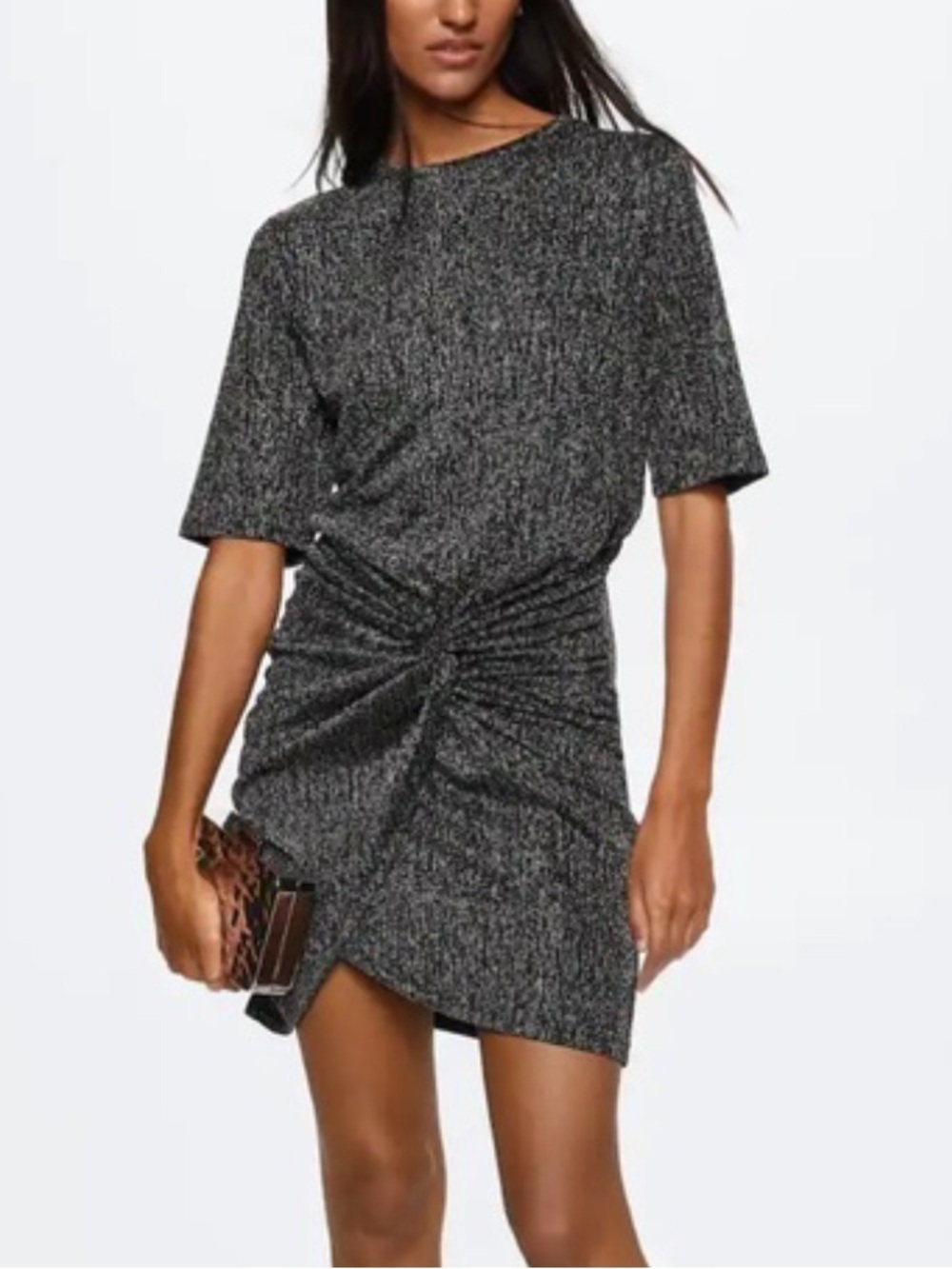Mango knotted silver lurex metallic short sleeve mini dress US SZ 4